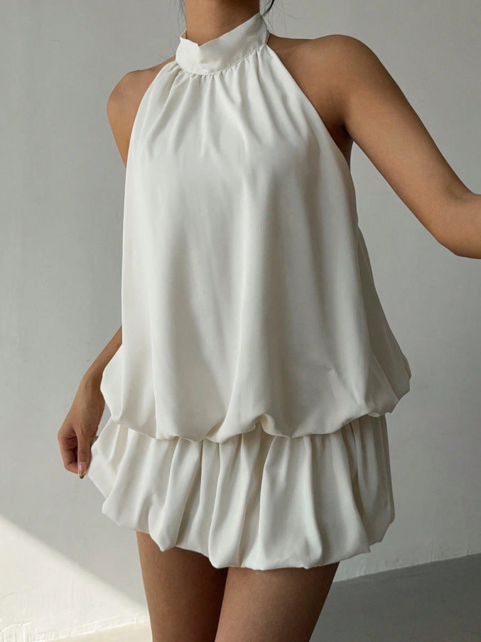 Solid Color Halter Neck Off-Shoulder Dress