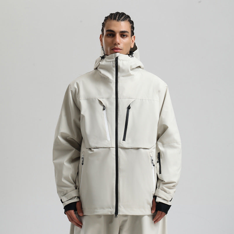 Men wearing an olive green hooded technical jacket with front zip pockets and high collar.