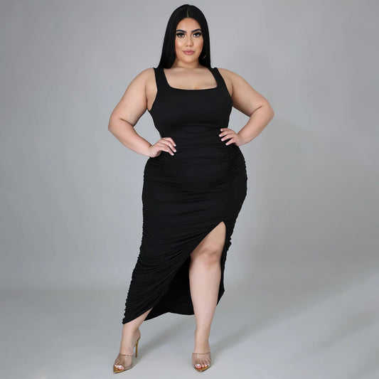 Solid-color Sleeveless Slim-fit Pleated Dress