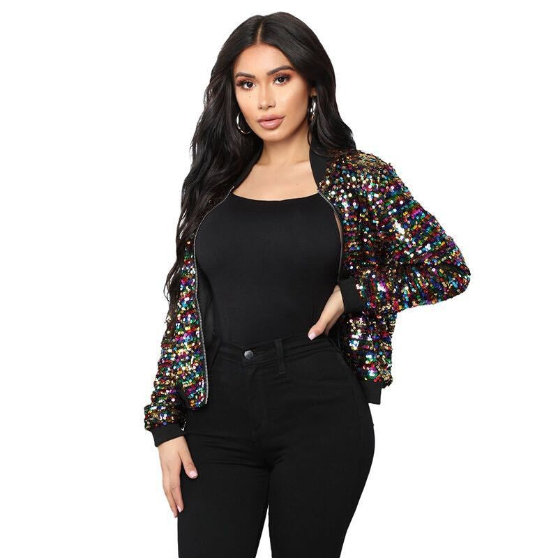 Sequins Zipper Long Sleeve Jacket - threadspired