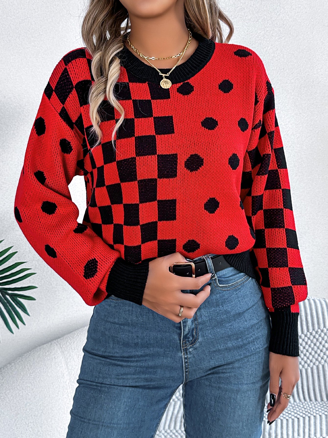Polka Dot Plaid Lantern Sleeve Pullover Sweater