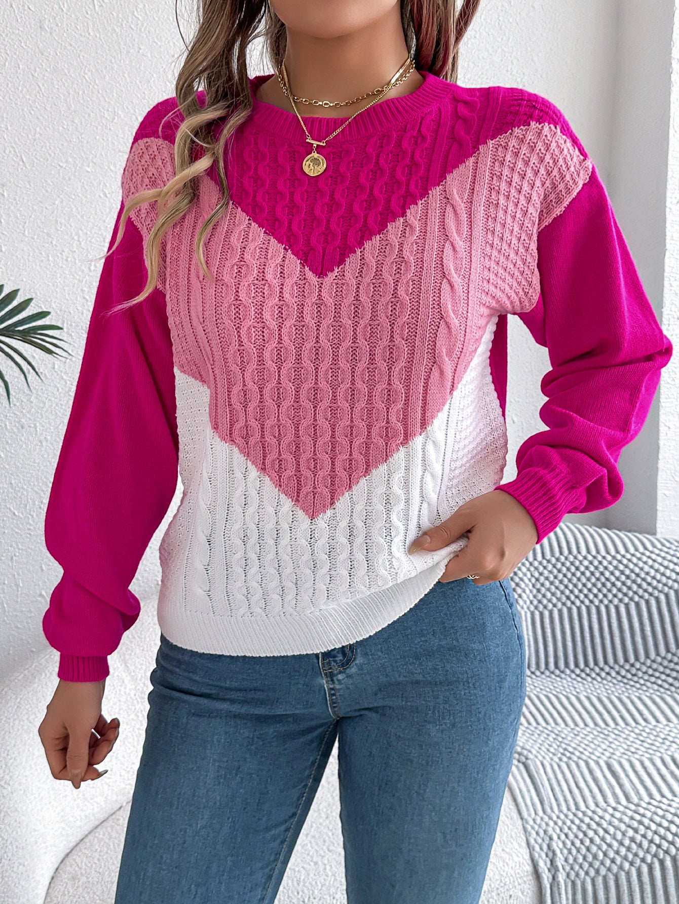 Cable Knit Lantern Sleeve Pullover Sweater