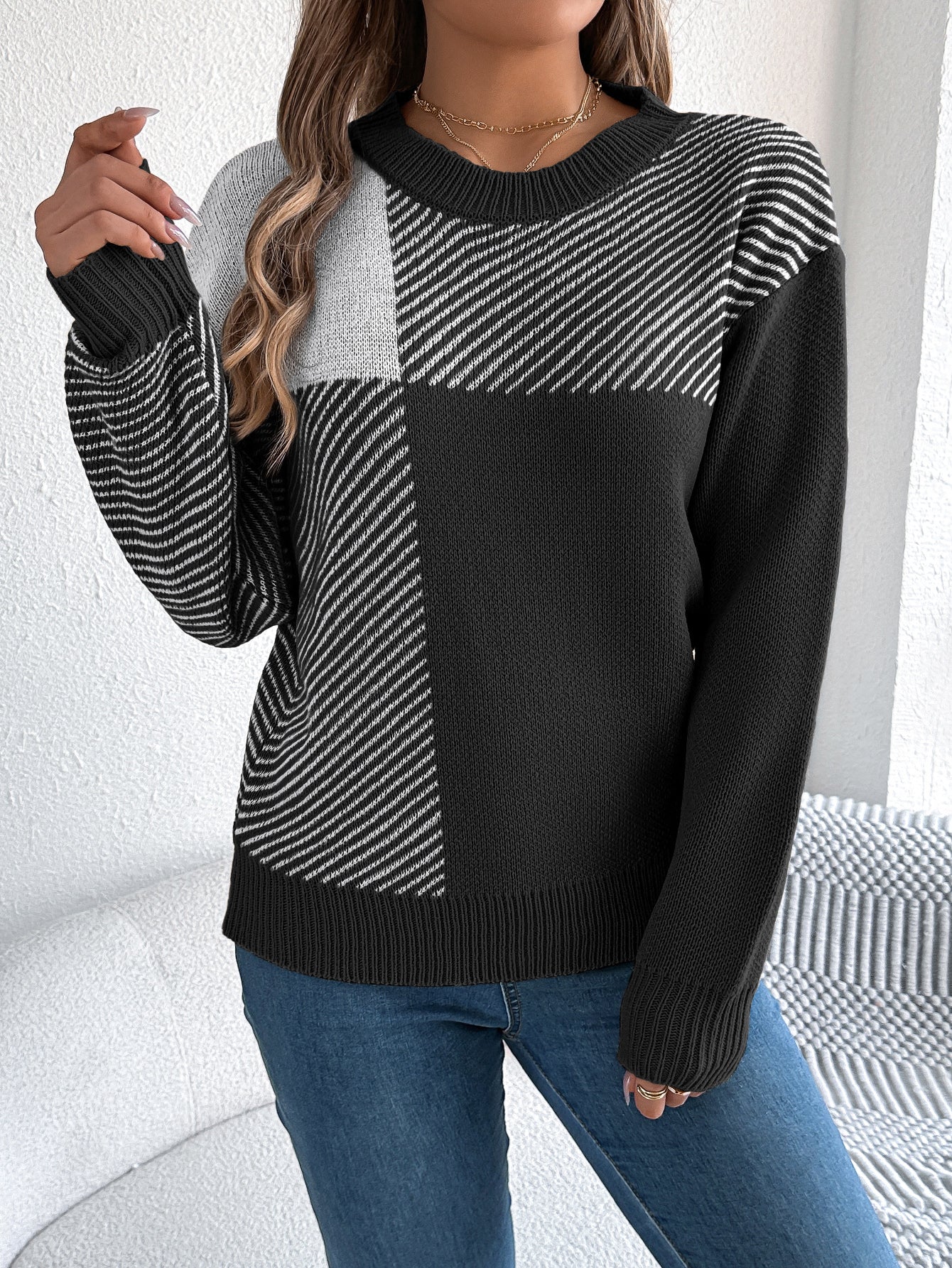 Plaid Long Sleeve Pullover Sweater - threadspired