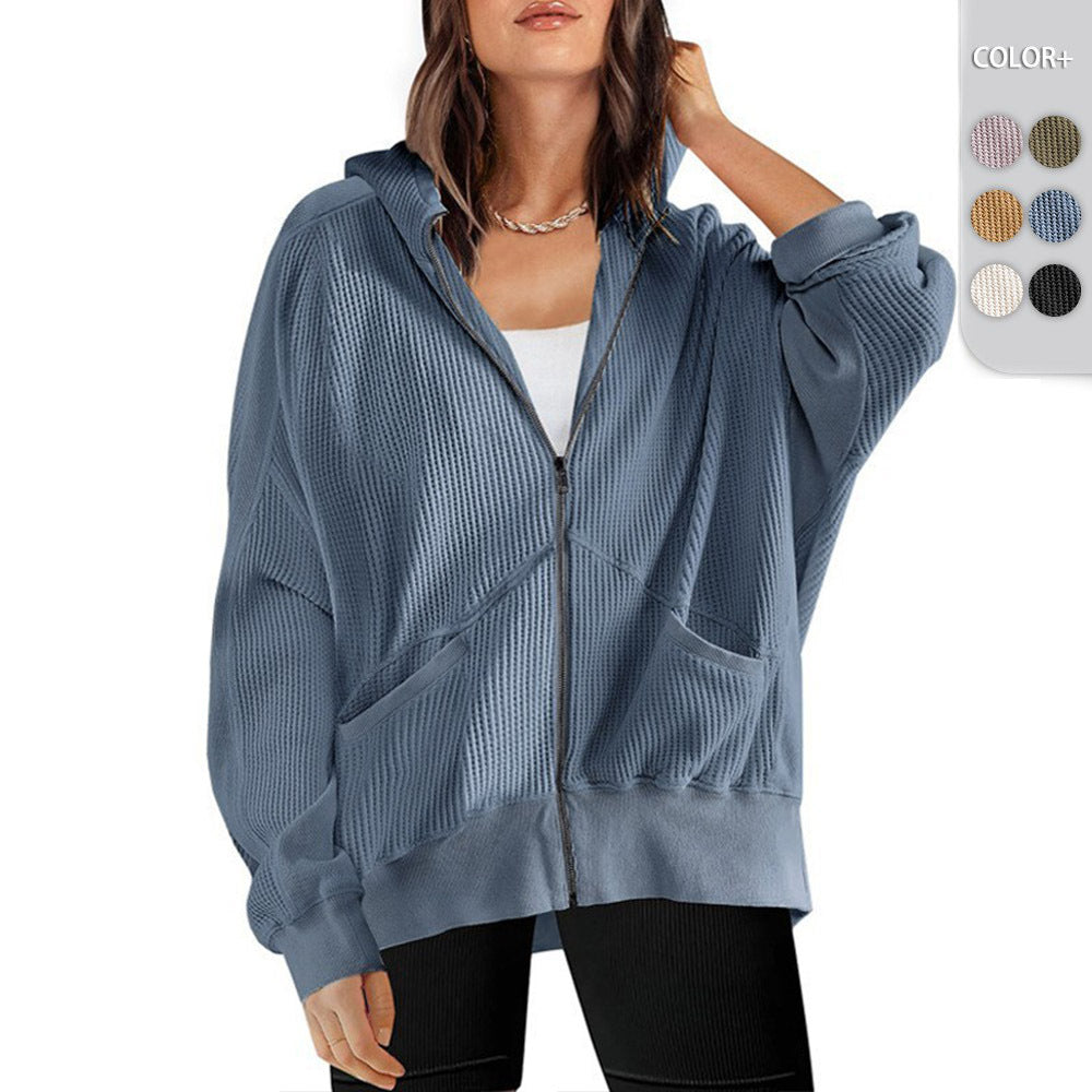 Waffle-knit Hooded Cardigan With Zipper - threadspired