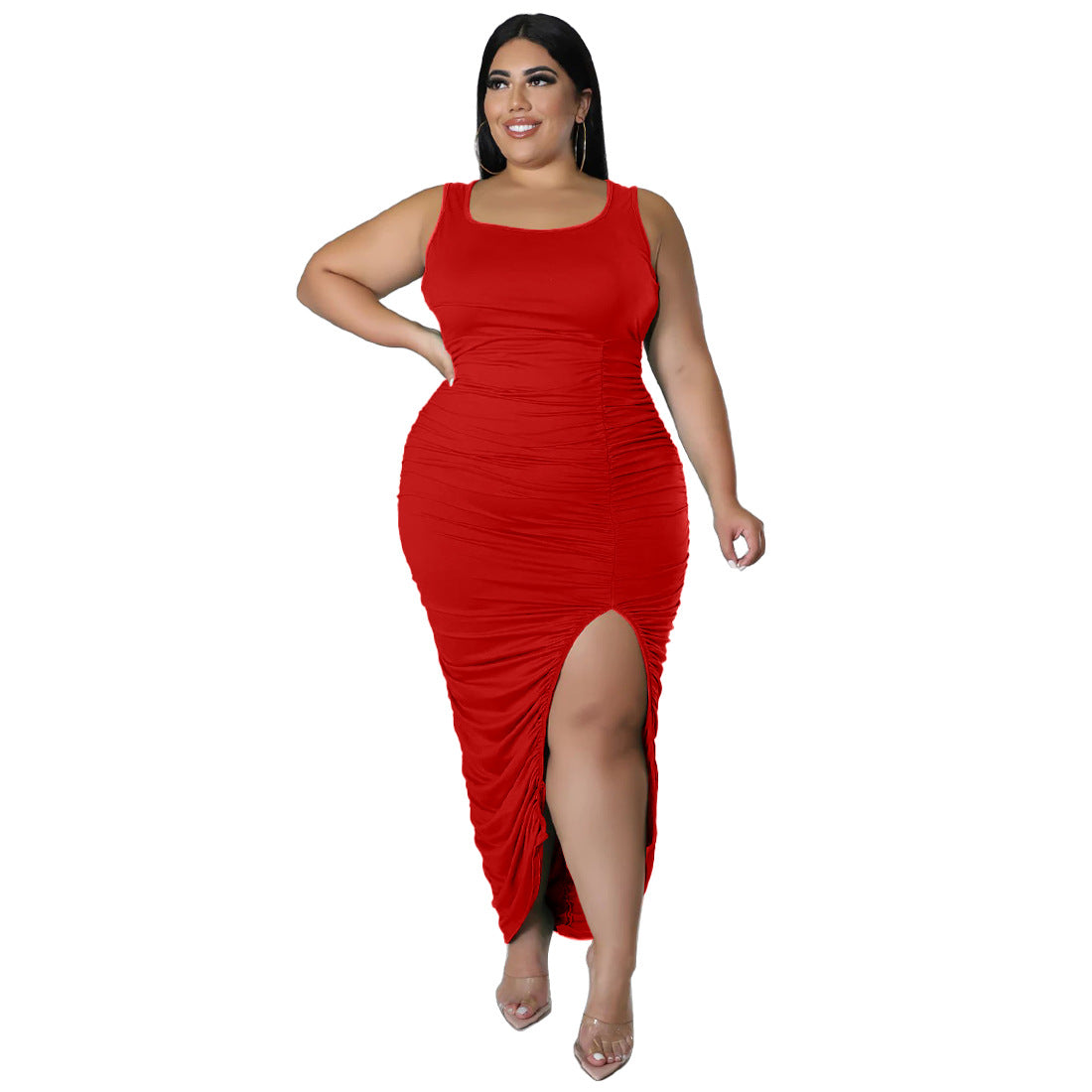 Solid-color Sleeveless Slim-fit Pleated Dress - threadspired