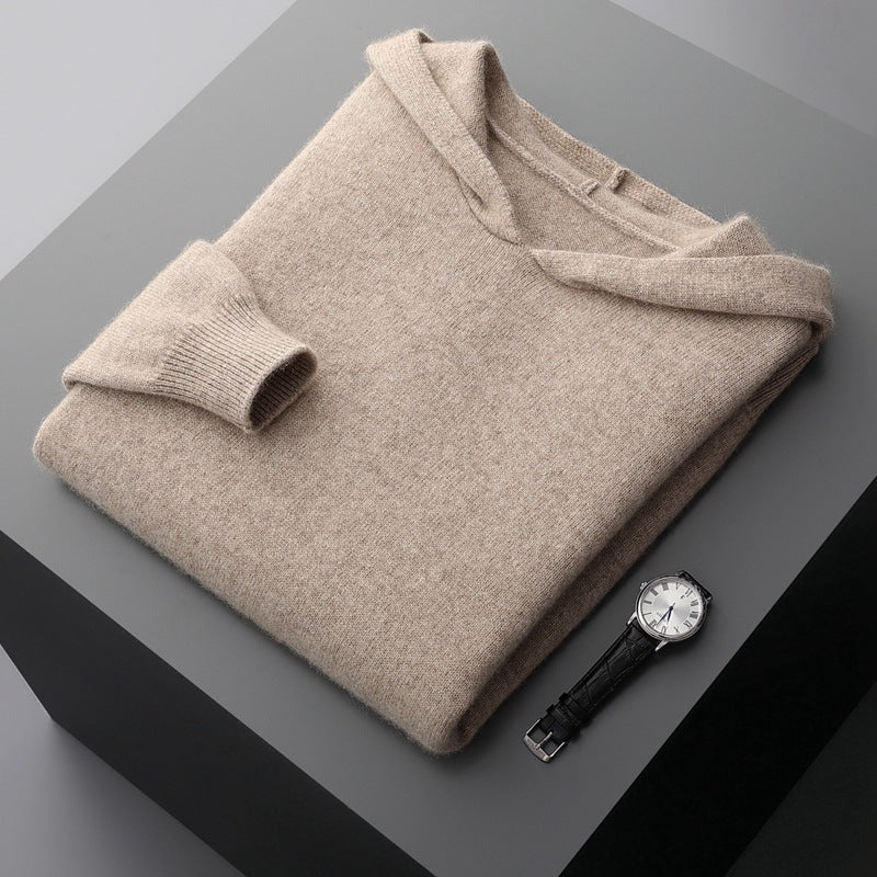 Thin fabric beige men’s knit hoodie sweater with front pocket and ribbed hem. 