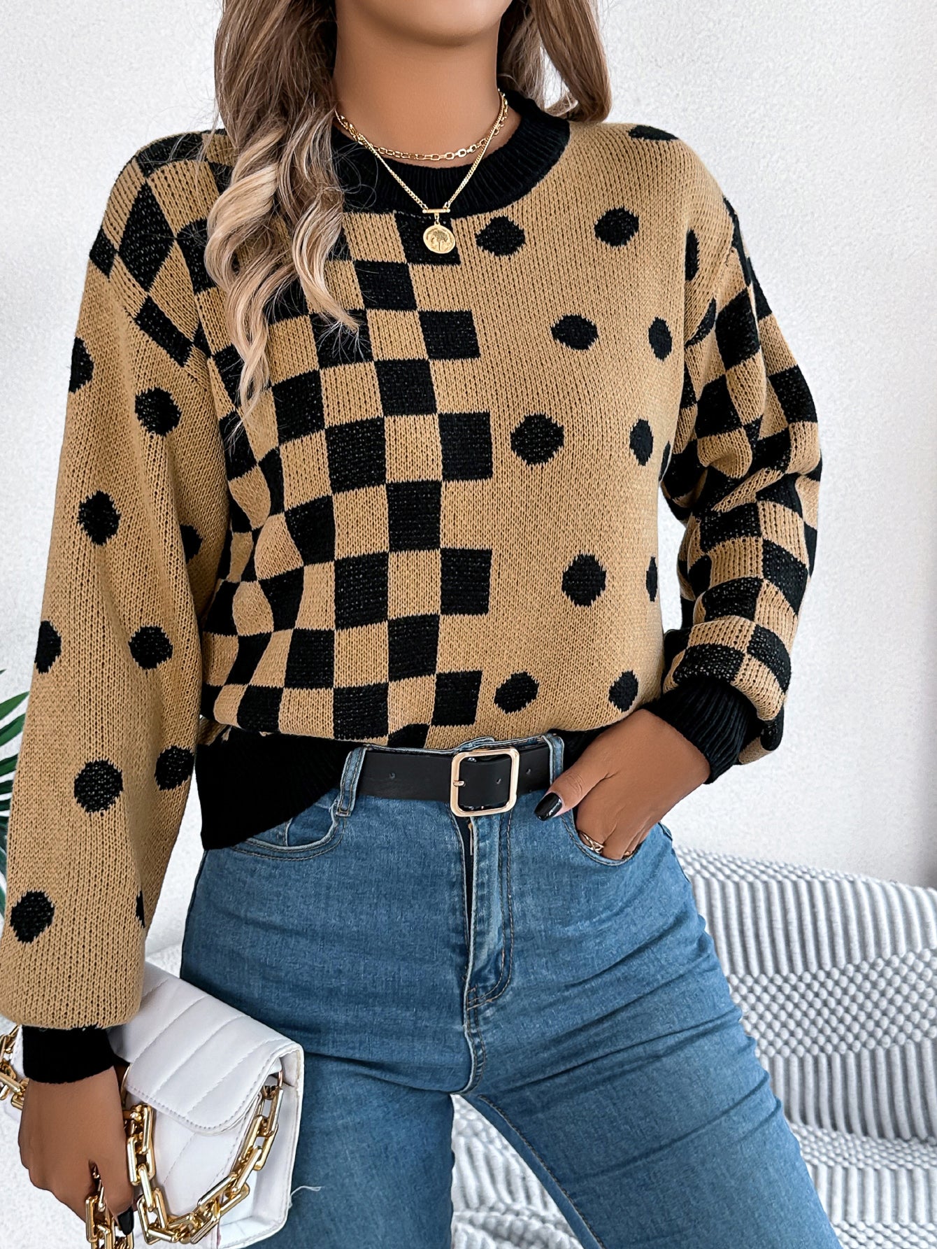 Polka Dot Plaid Lantern Sleeve Pullover Sweater