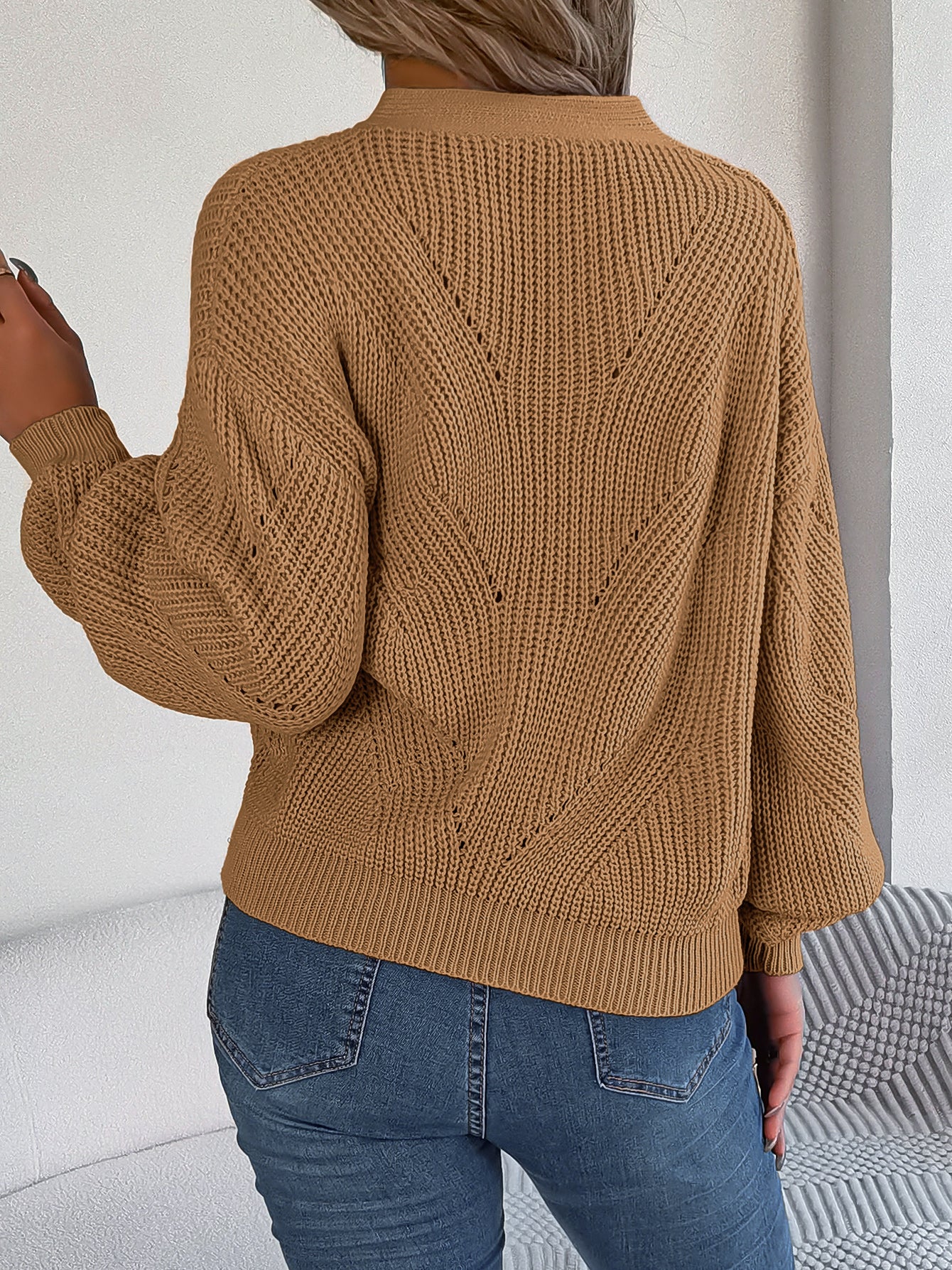 Hollow Out V-Neck Lantern Sleeve Pullover Sweater