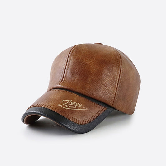 Black polyurethane leather baseball cap with stitched panel design, two-tone black and brown curved brim, 
and Jleevio Brand print, displayed on a white background. 