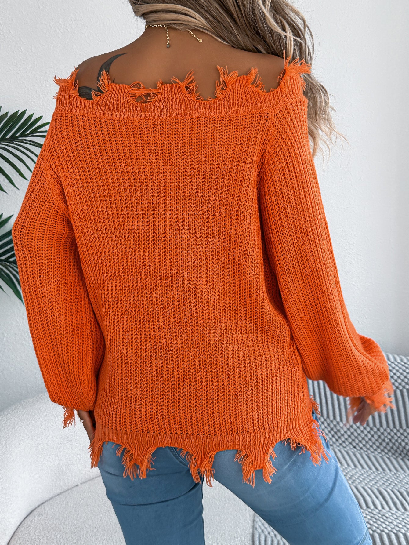 Hollow Out Long Sleeve Distressed Off-Shoulder Pullover Sweater - threadspired