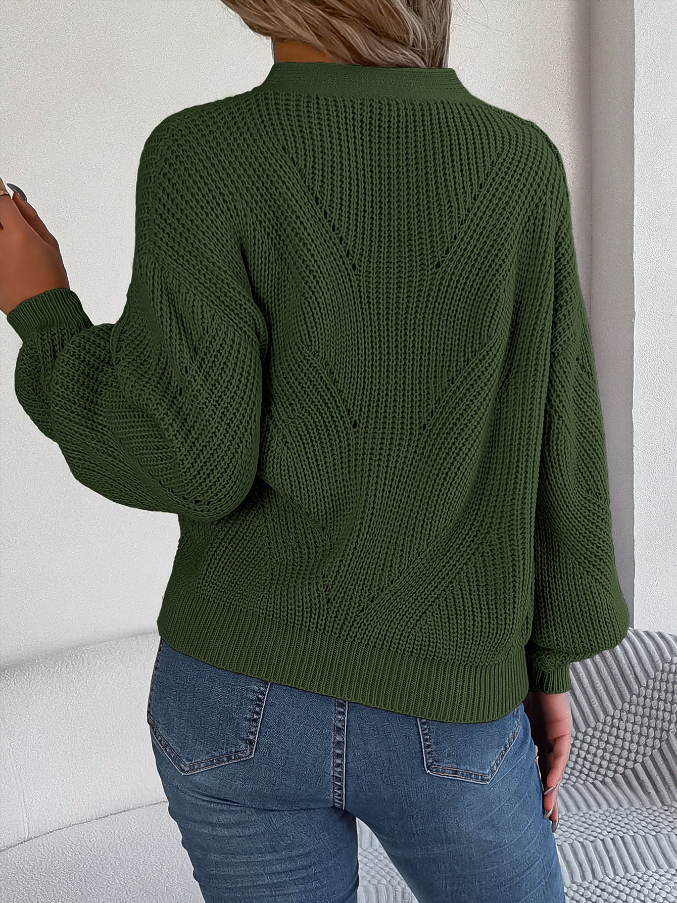Hollow Out V-Neck Lantern Sleeve Pullover Sweater