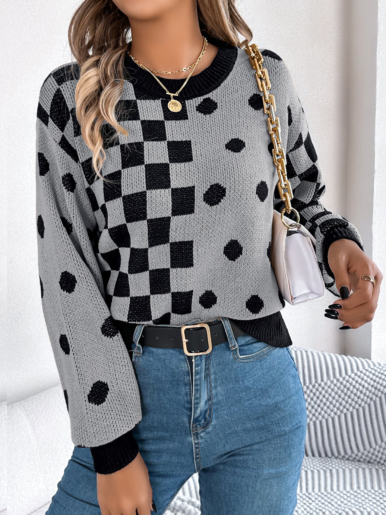 Polka Dot Plaid Lantern Sleeve Pullover Sweater