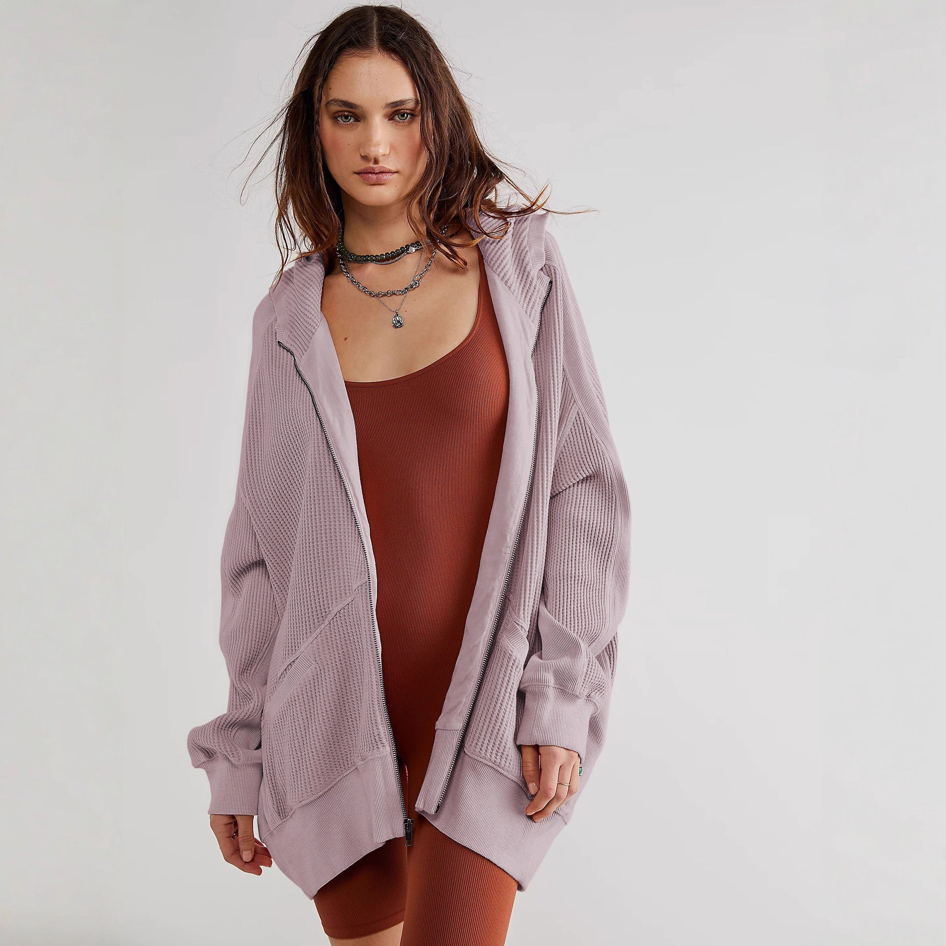 Waffle-knit Hooded Cardigan With Zipper - threadspired