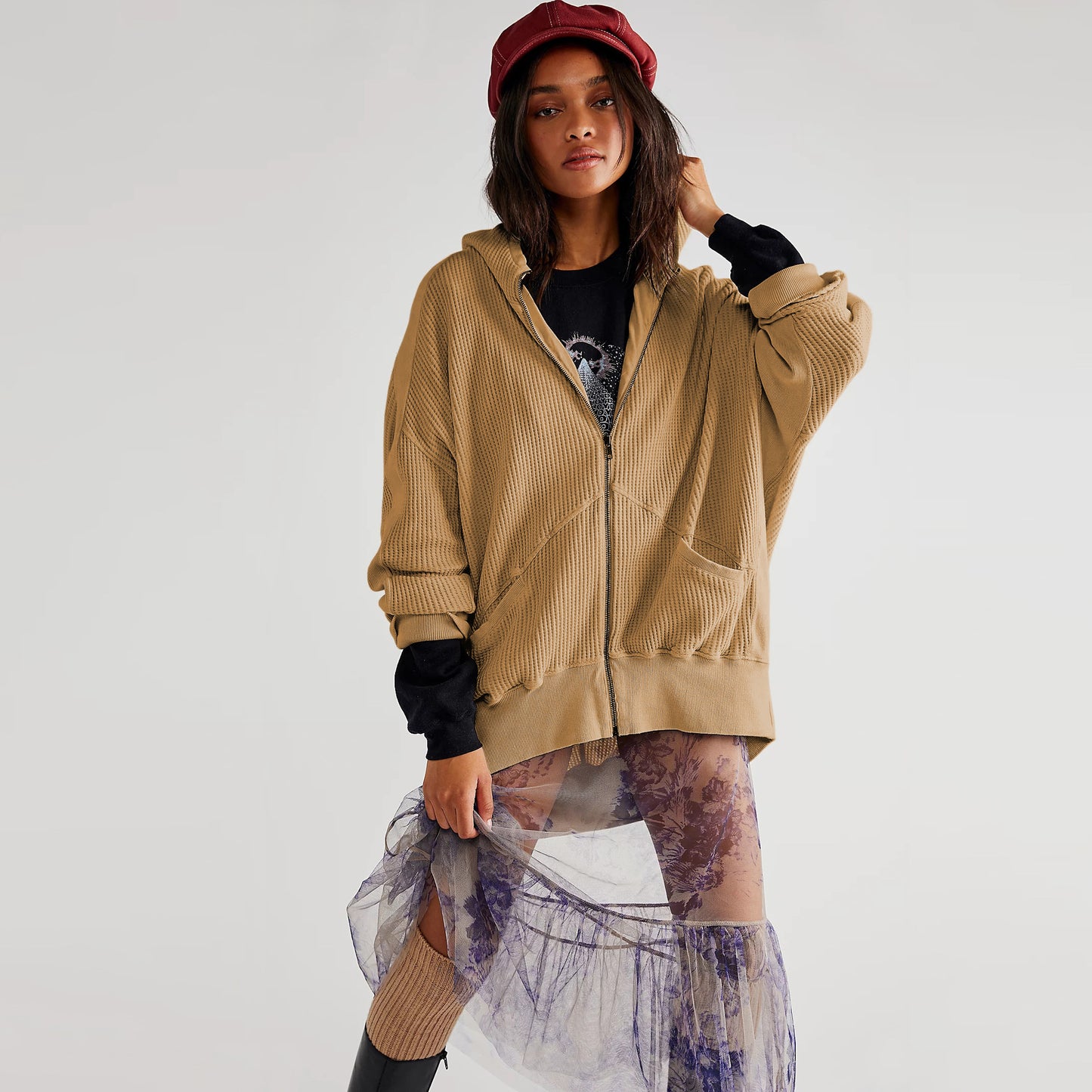 Waffle-knit Hooded Cardigan With Zipper - threadspired