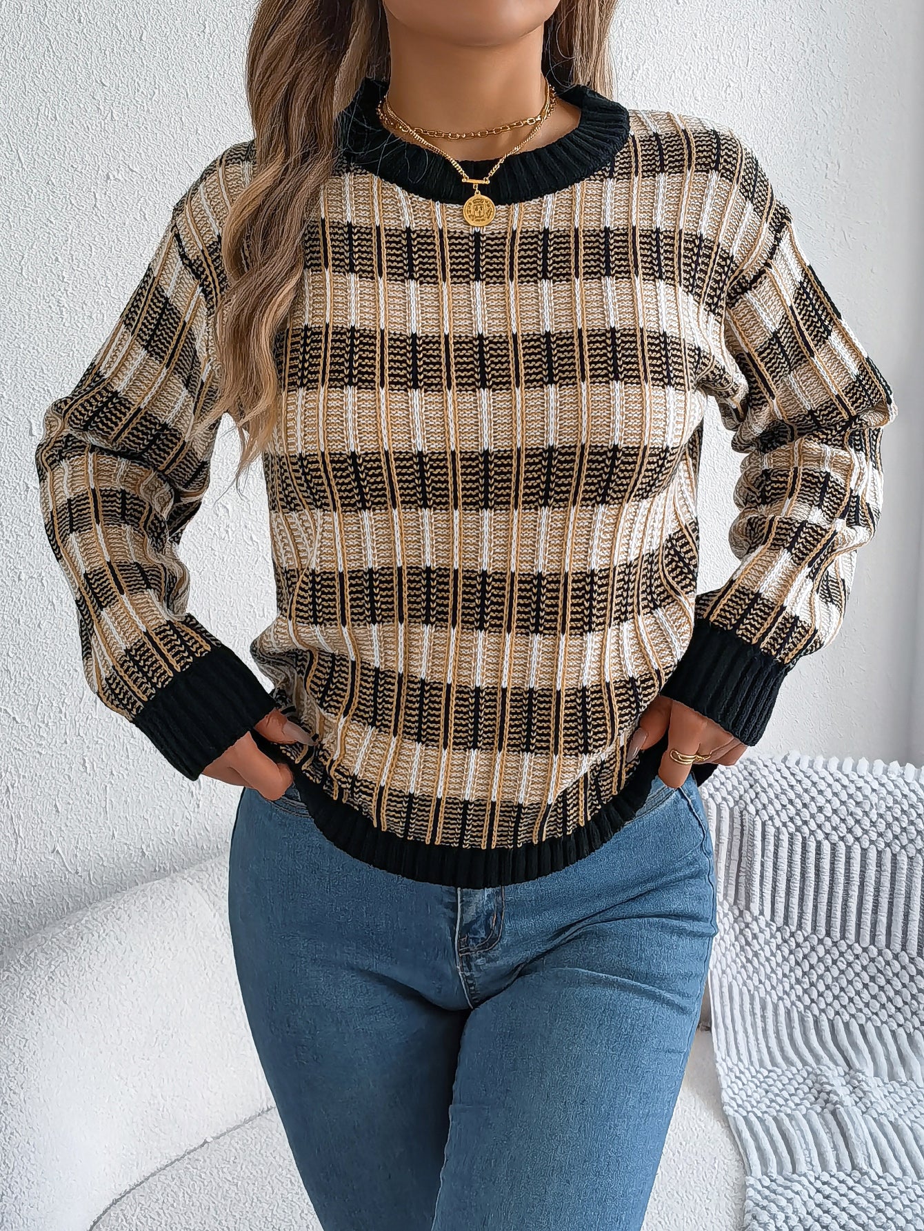 Round Neck Long Sleeve Pullover Sweater - threadspired