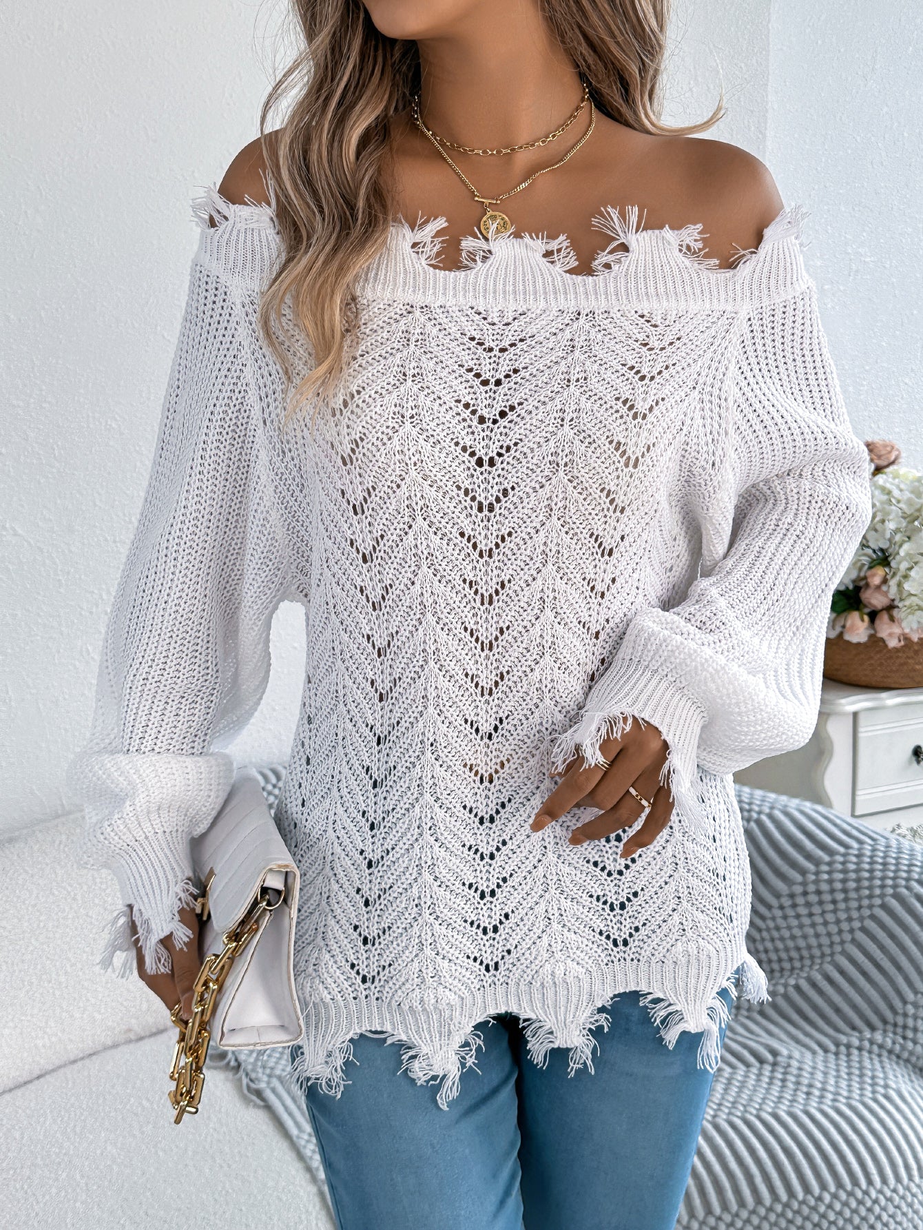 Hollow Out Long Sleeve Distressed Off-Shoulder Pullover Sweater - threadspired