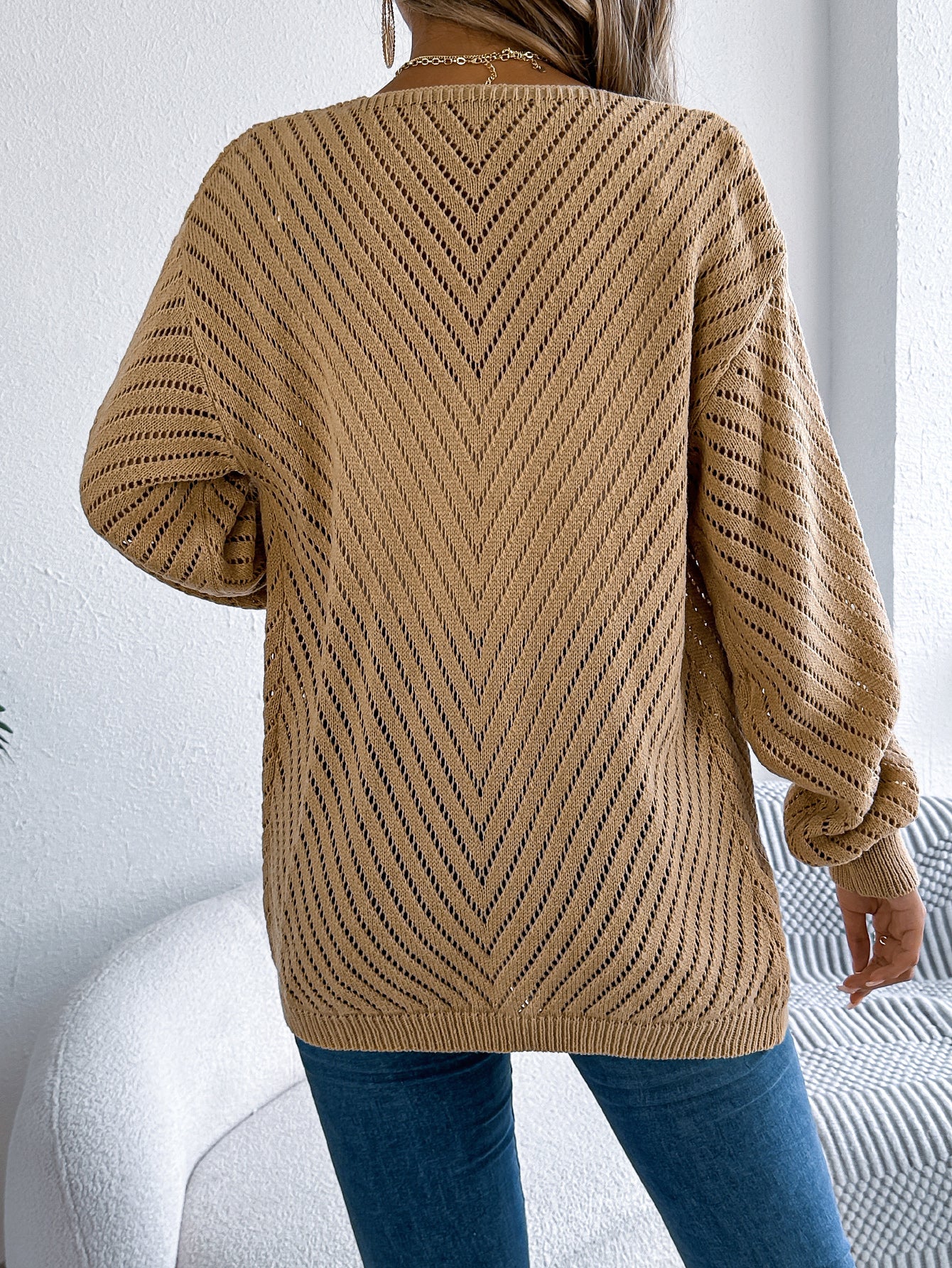 Solid Color Hollow Out Long Sleeve Cardigan