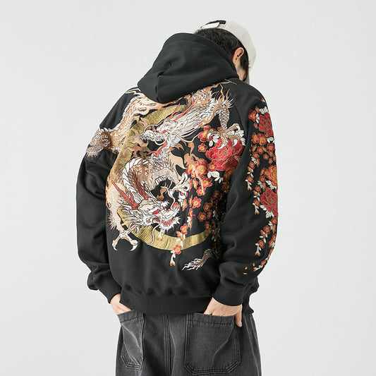 Black hoodie with large embroidered Japanese dragons and red floral design on the back. 
