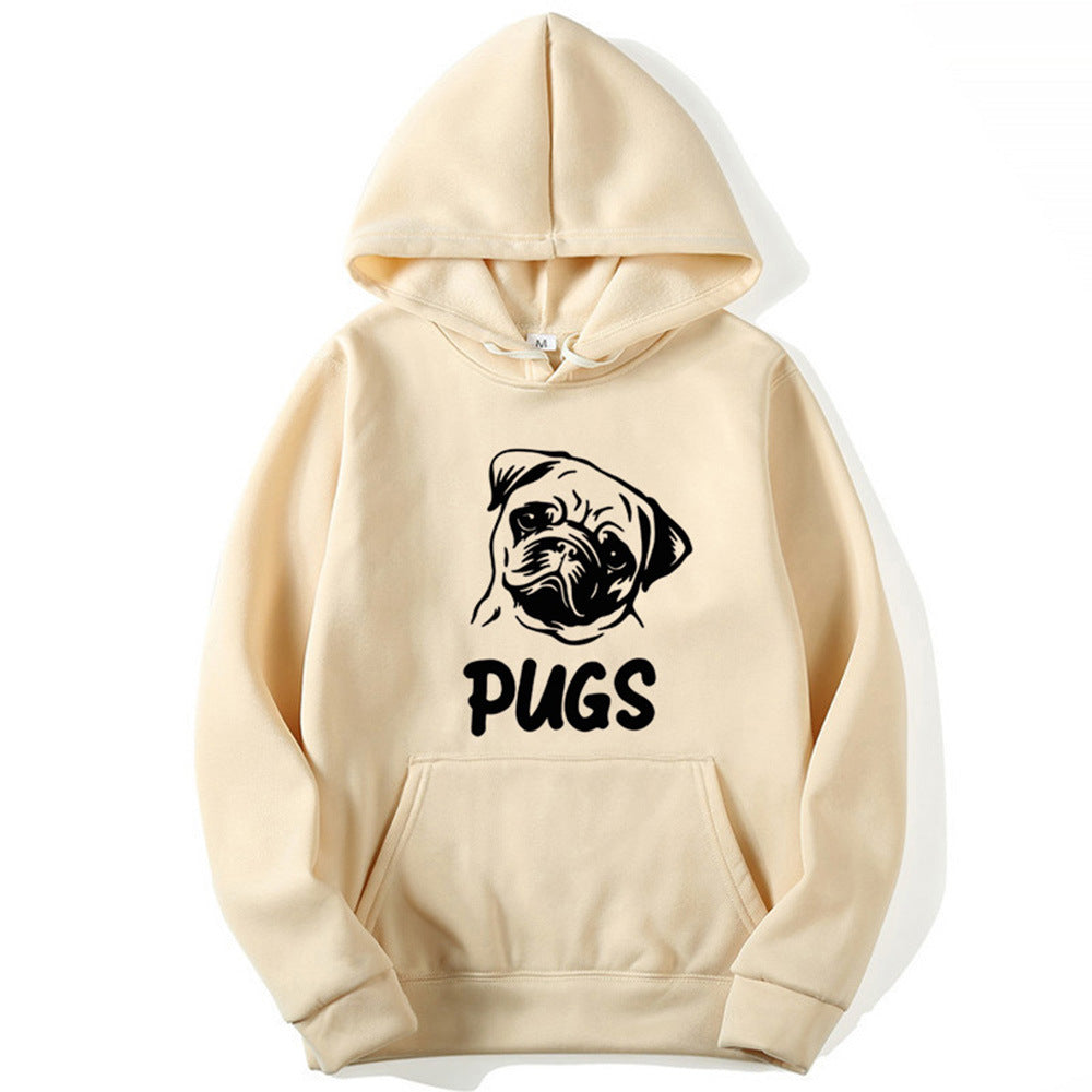 Beige hoodie with black pug dog face graphic and “PUGS” text and a pouch pocket on the front.