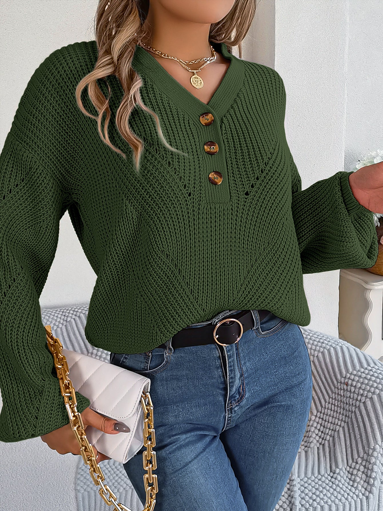 Hollow Out V-Neck Lantern Sleeve Pullover Sweater