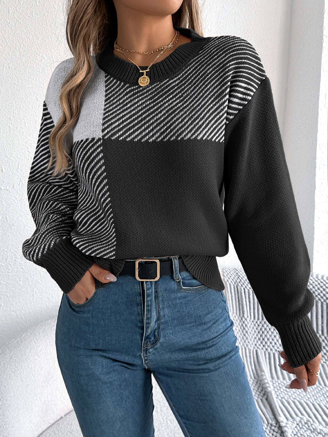 Plaid Long Sleeve Pullover Sweater - threadspired