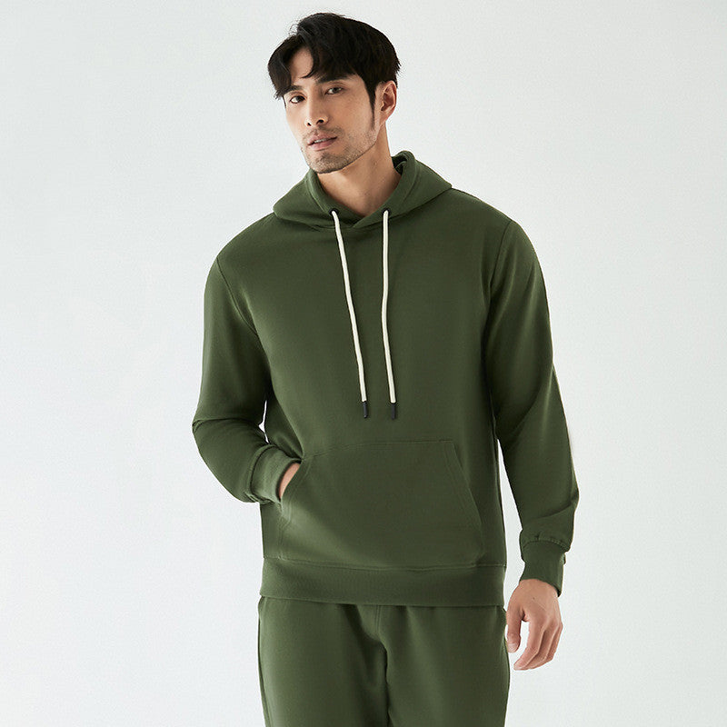 Olive green pullover hoodie with drawstring hood, front pouch pocket and ribbed cuffs.