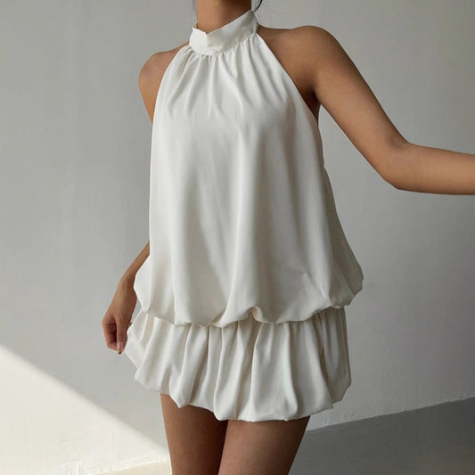 Solid Color Halter Neck Off-Shoulder Dress