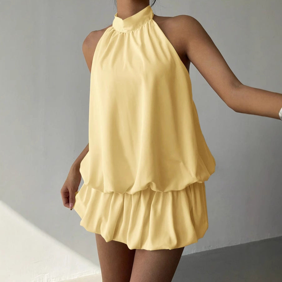 Solid Color Halter Neck Off-Shoulder Dress