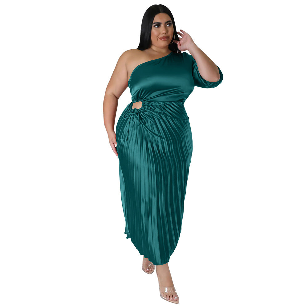 Off-the-shoulder Drawstring Pleated Dress - threadspired
