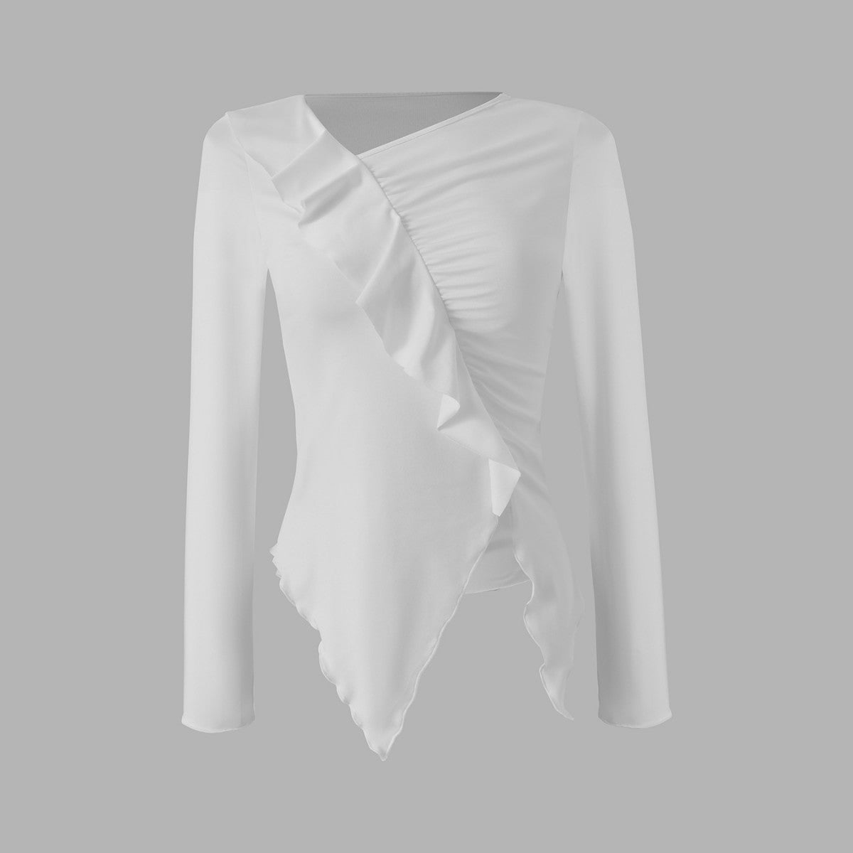 Pleated Ruffled Edge Square Neck Long Sleeve Base Shirt - threadspired