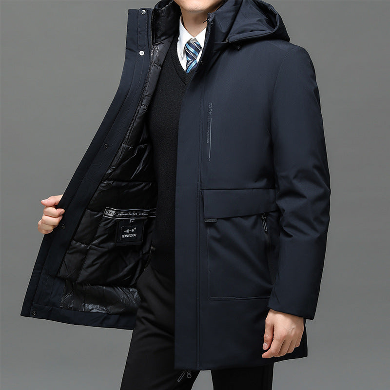 Men’s navy blue  thickened thermal padded jacket with detachable liner and hood.