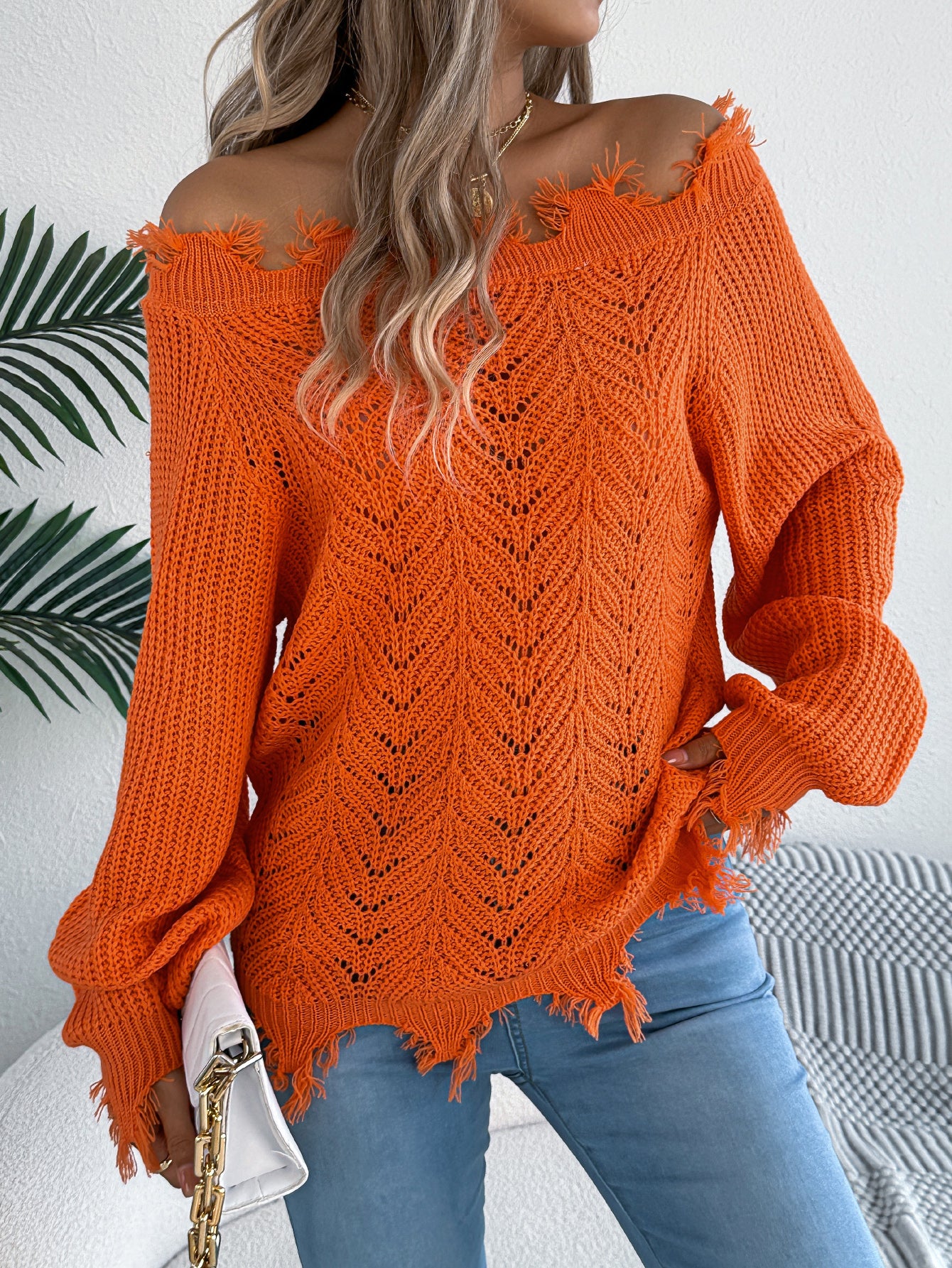 Hollow Out Long Sleeve Distressed Off-Shoulder Pullover Sweater - threadspired