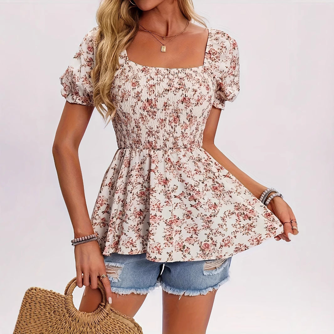 Casual Square Neck Smocked Floral Blouse - threadspired