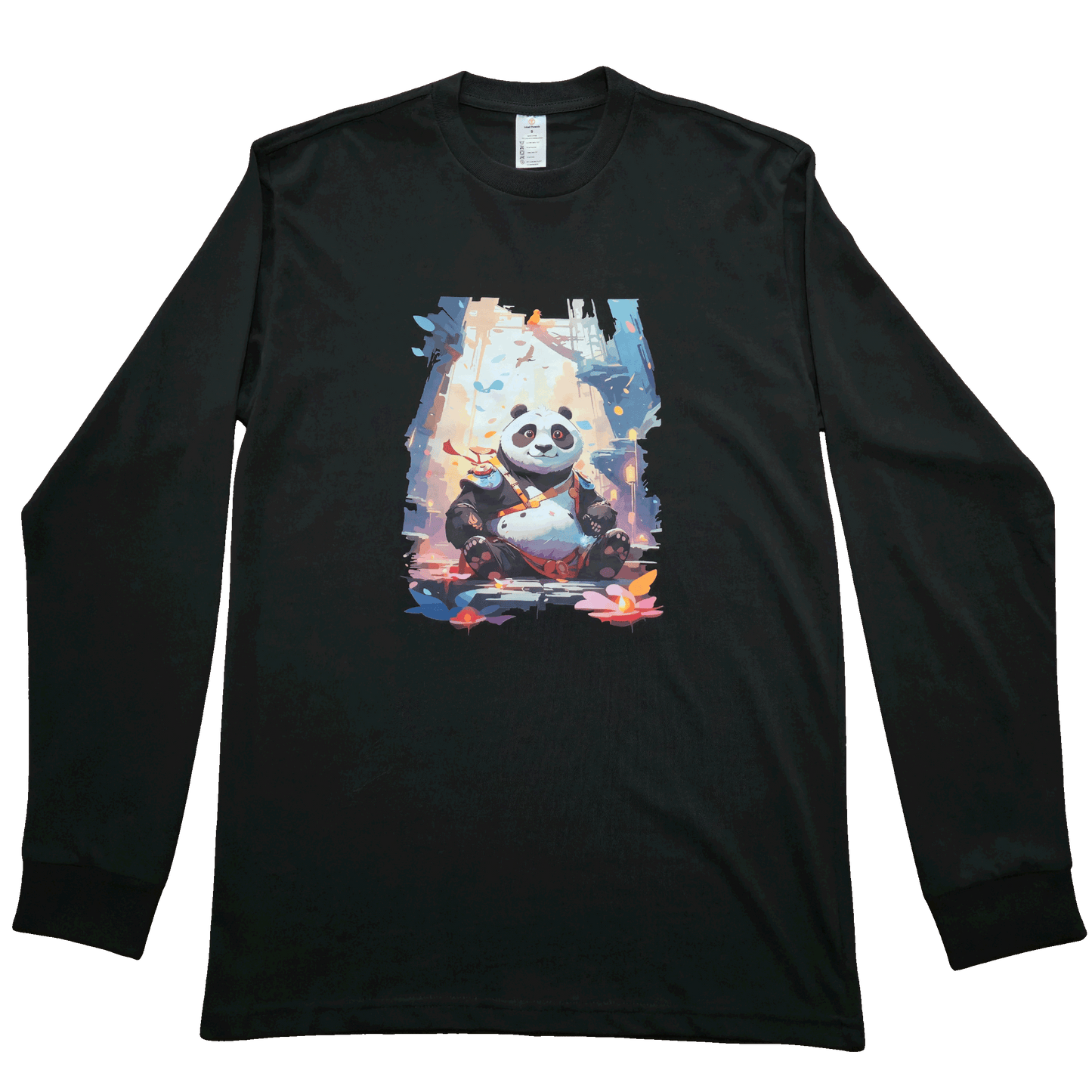 Black long sleeve shirt featuring a colorful artistic illustration of a meditating cartoon panda surrounded by soft colorful paint-style accents.