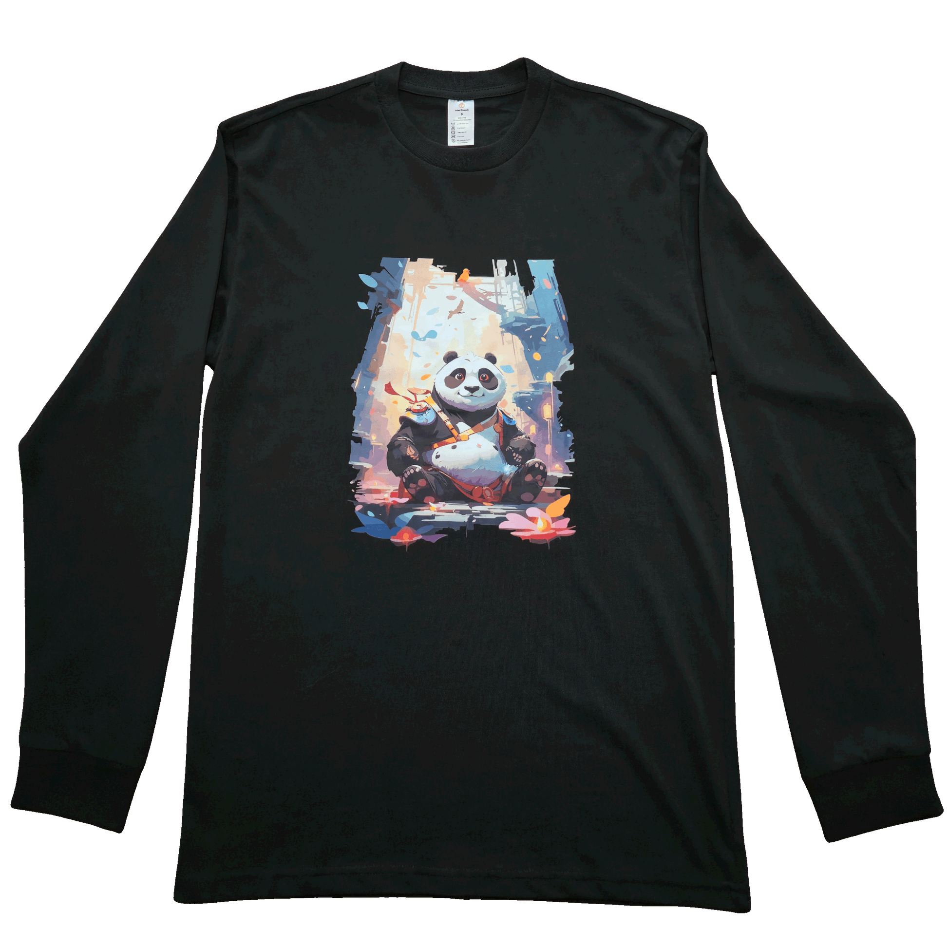 Black long sleeve shirt featuring a colorful artistic illustration of a meditating cartoon panda surrounded by soft colorful paint-style accents.