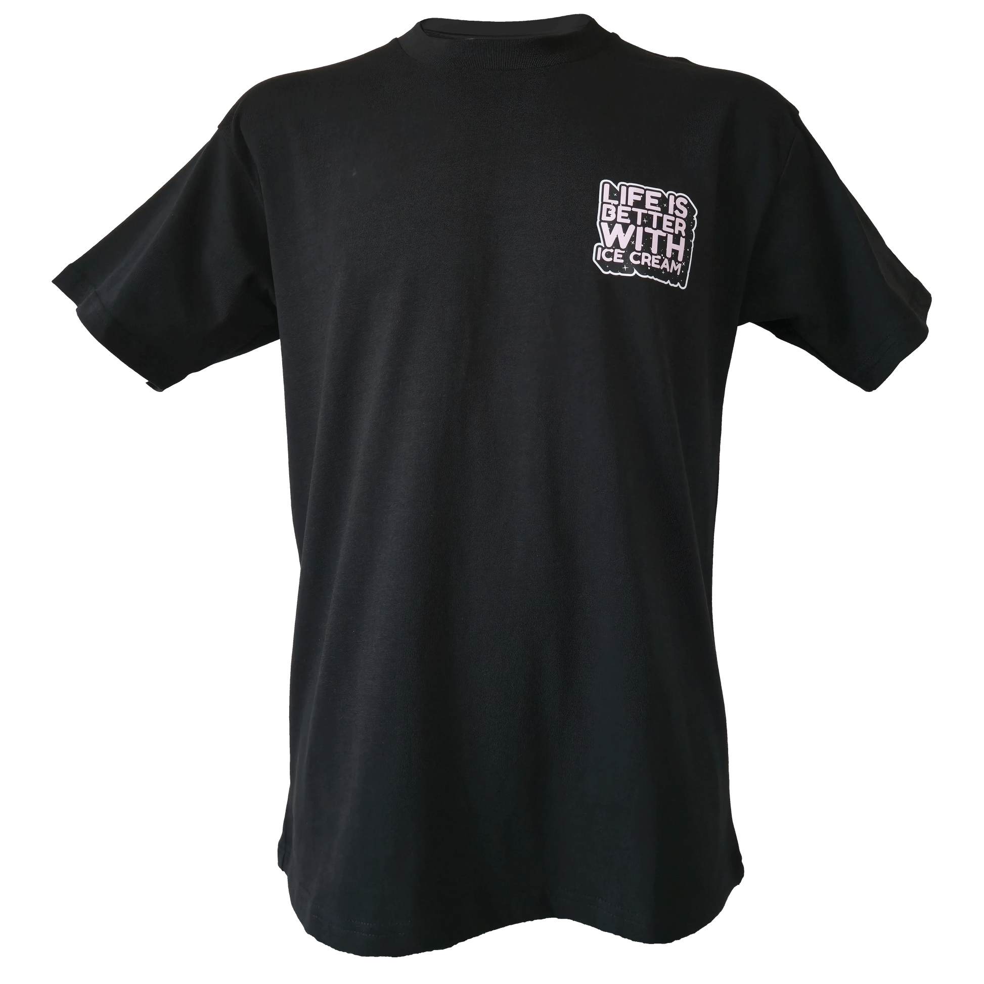 Black T-shirt with a small white graphic on the left upper part that reads “Life Is Better With Ice Cream.”