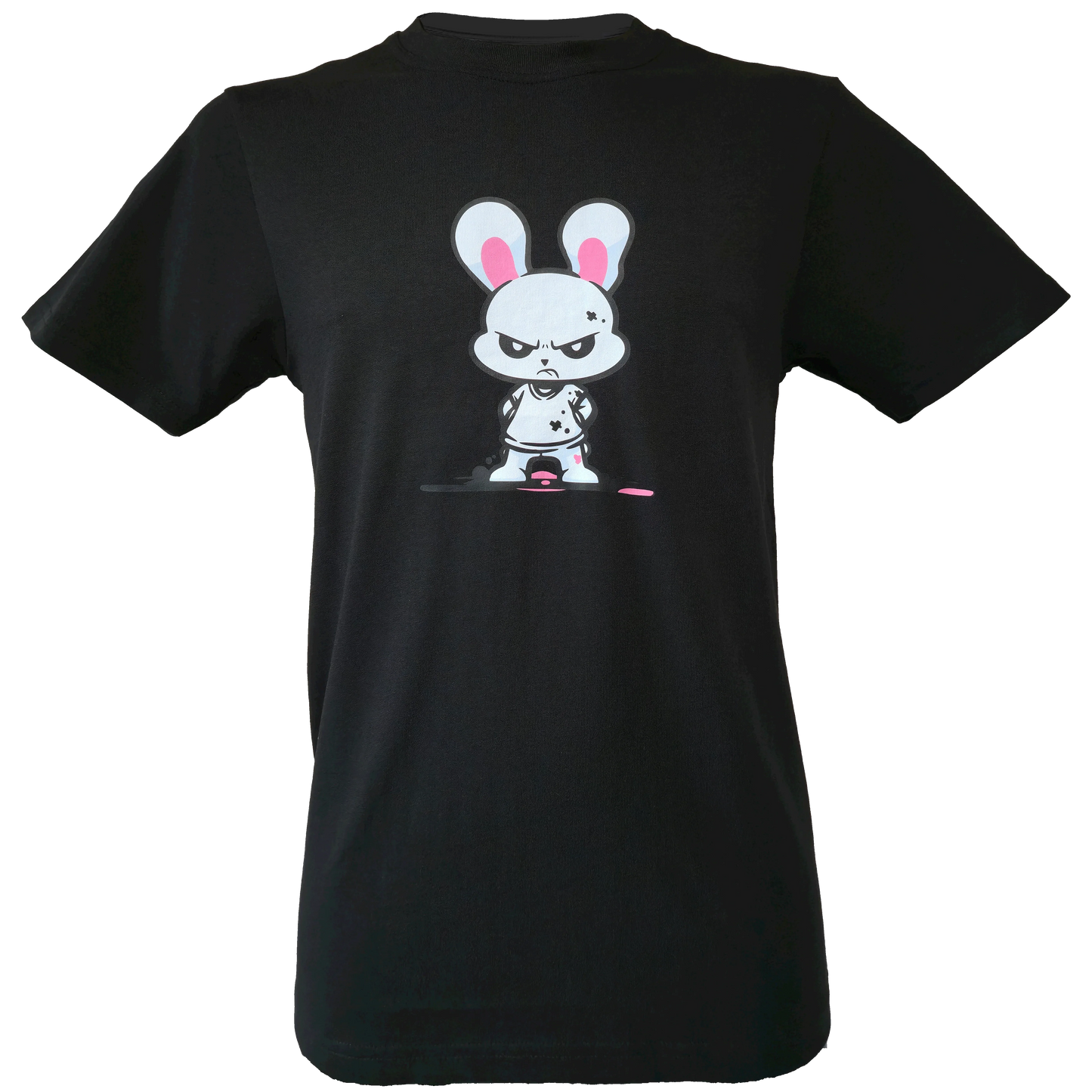 Black t-shirt with a graphic of an angry cartoon bunny with pink accents (ears, shadowing) standing in a tough, intimidating pose.