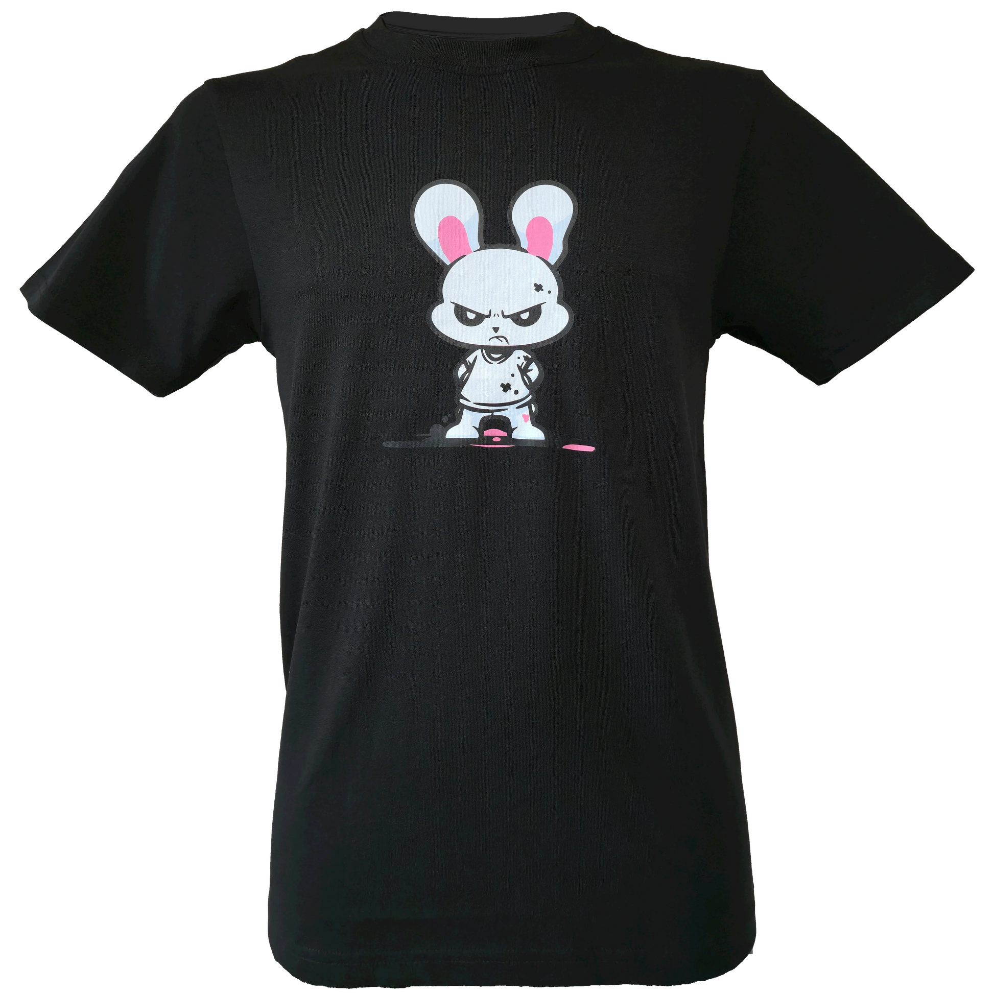 Black t-shirt with a graphic of an angry cartoon bunny with pink accents (ears, shadowing) standing in a tough, intimidating pose.
