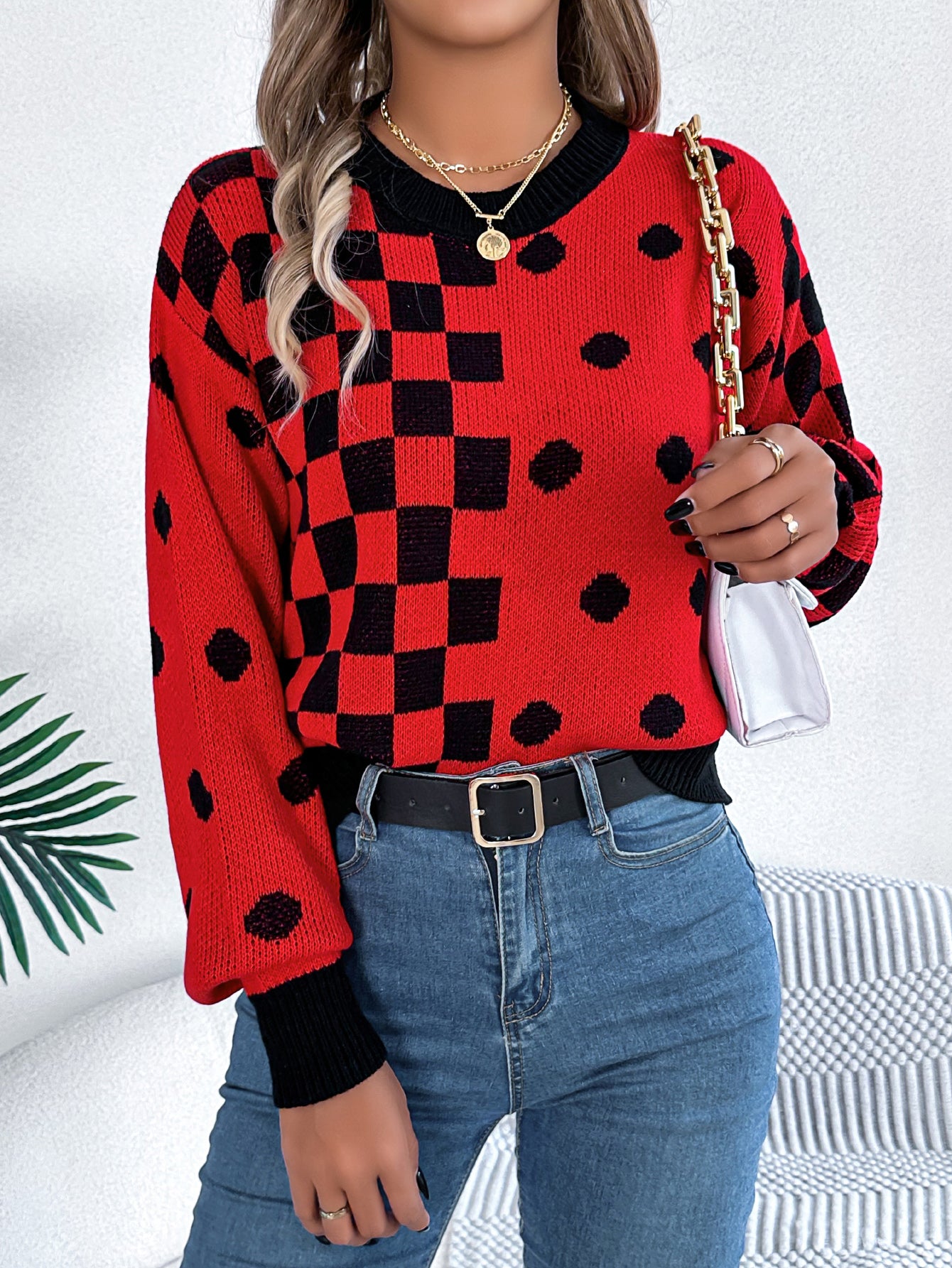 Polka Dot Plaid Lantern Sleeve Pullover Sweater