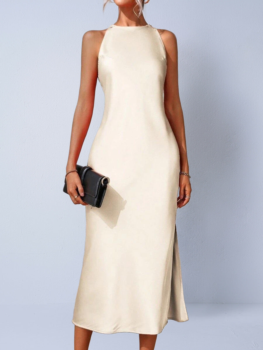 Sleeveless Long Satin Dress - threadspired