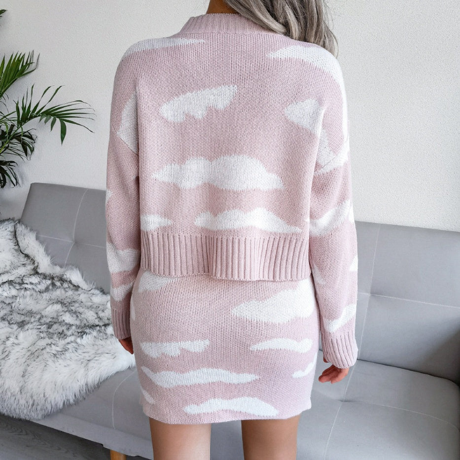 Cloud Pattern Knitted Sweater And Pencil Skirt Set - threadspired