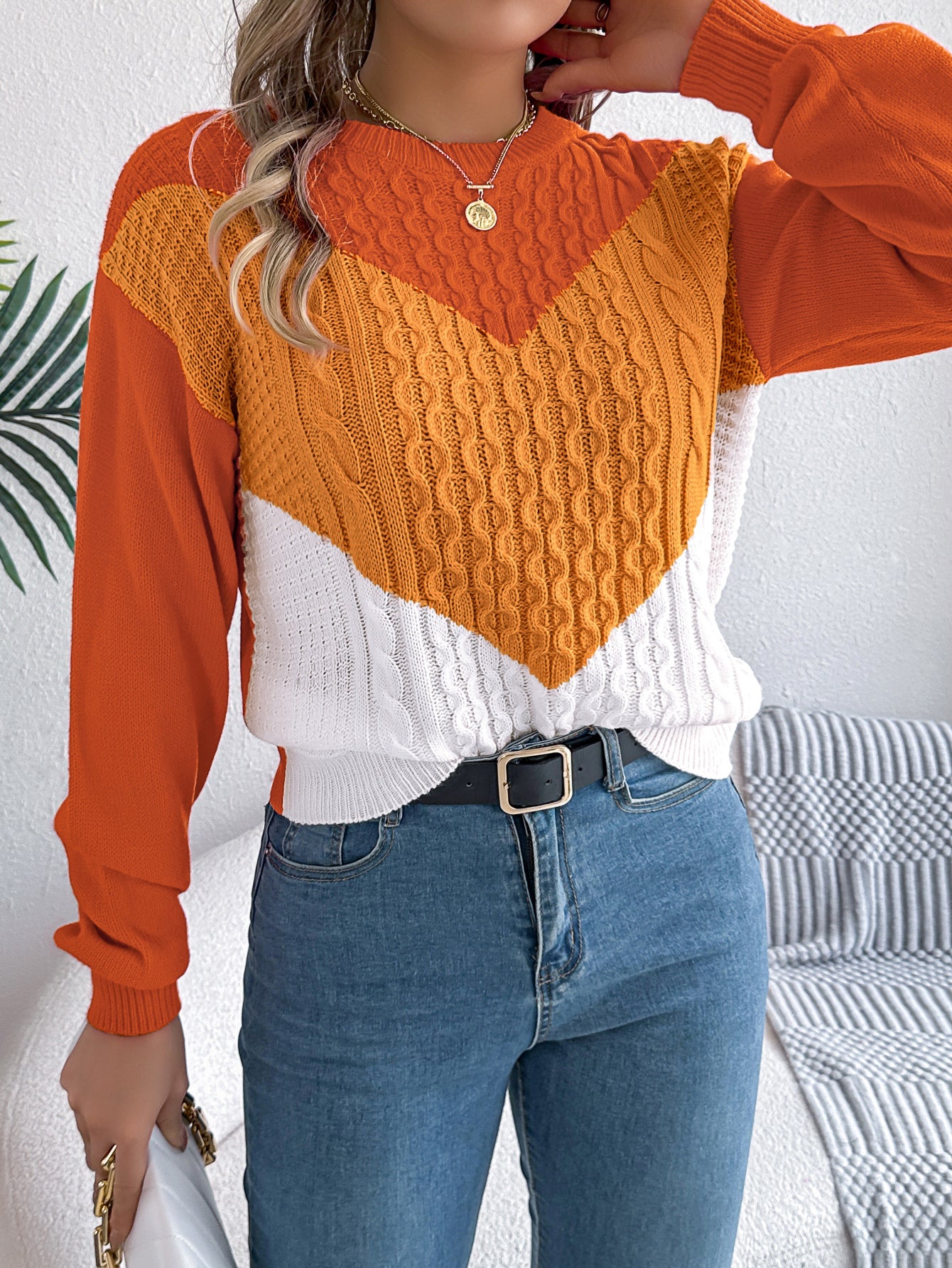 Cable Knit Lantern Sleeve Pullover Sweater