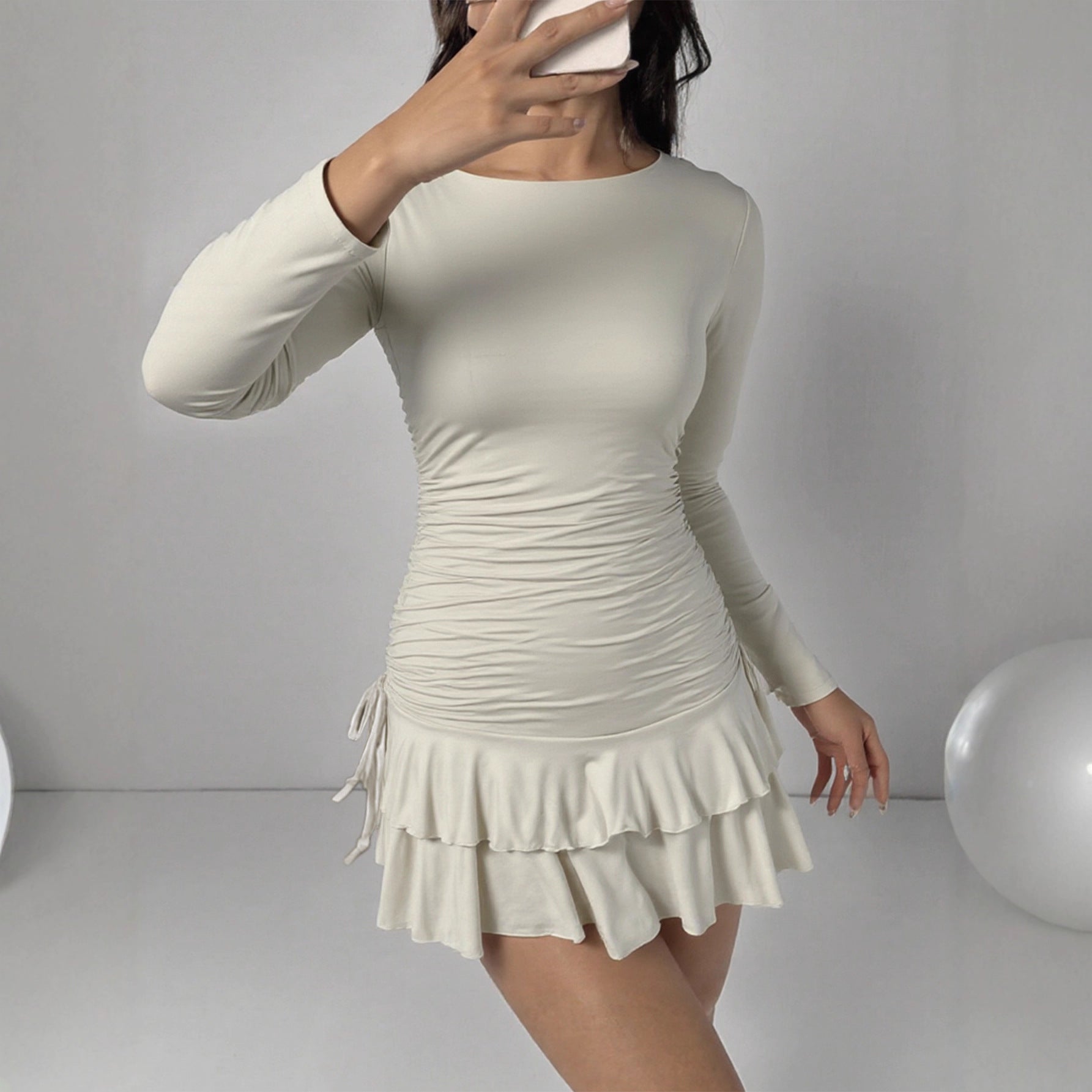 Solid-Color Long-Sleeve Drawstring Short Dress - threadspired