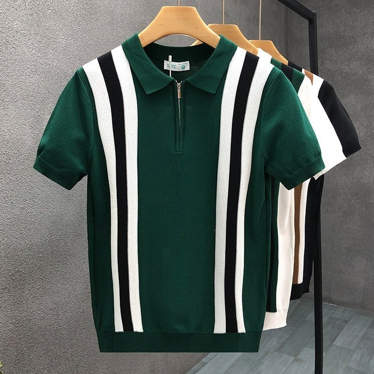 Men’s green short sleeve knit zip polo shirt with vertical white and black contrast stripes on hanger. 