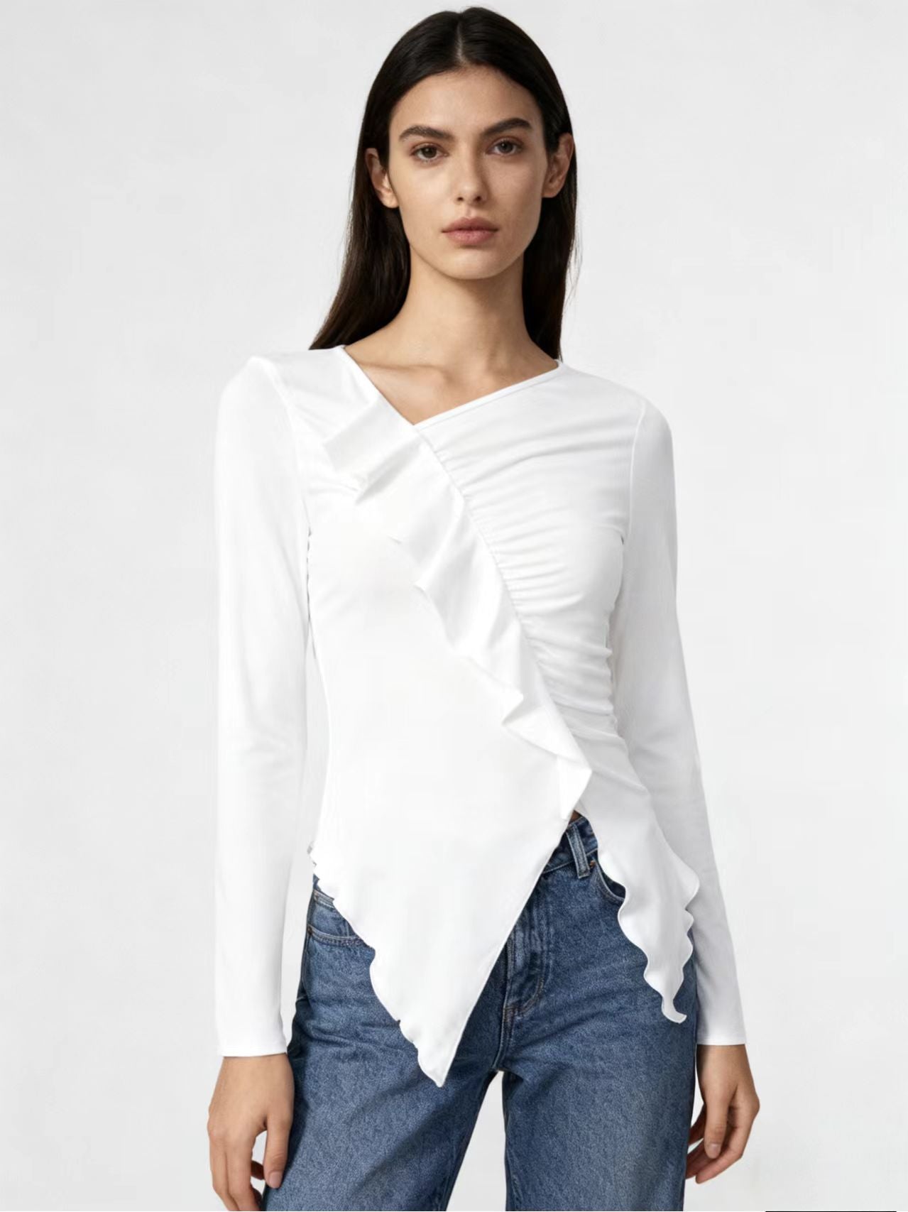 Pleated Ruffled Edge Square Neck Long Sleeve Base Shirt - threadspired