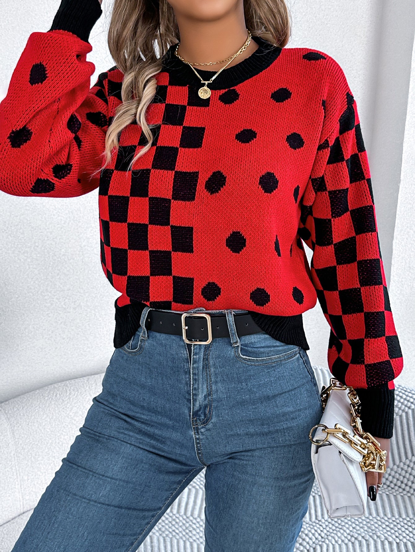 Polka Dot Plaid Lantern Sleeve Pullover Sweater