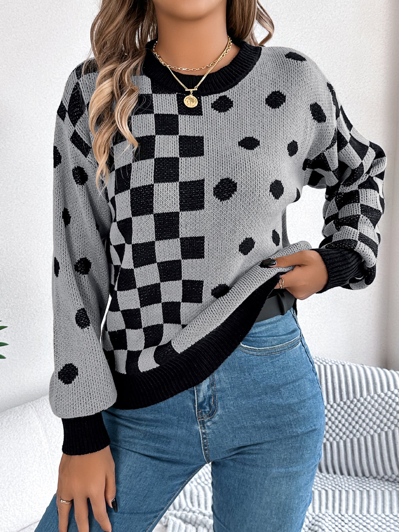 Polka Dot Plaid Lantern Sleeve Pullover Sweater