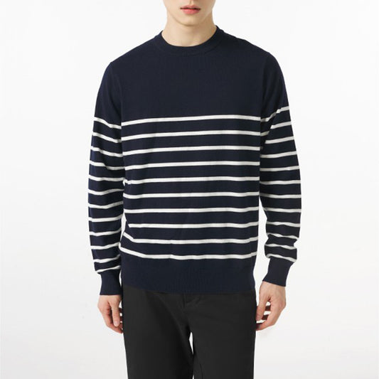 Set of men’s crewneck knit sweaters in multiple colors (classic striped and solid minimalist designs).