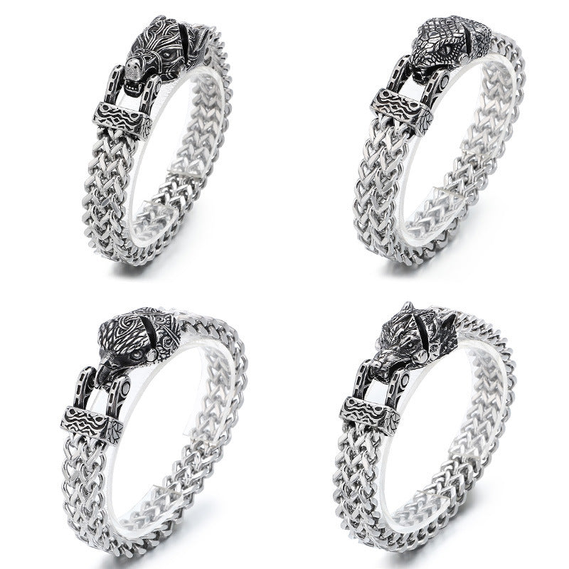 Wolf Head-Snake Head Reversible Steel Bracelet
