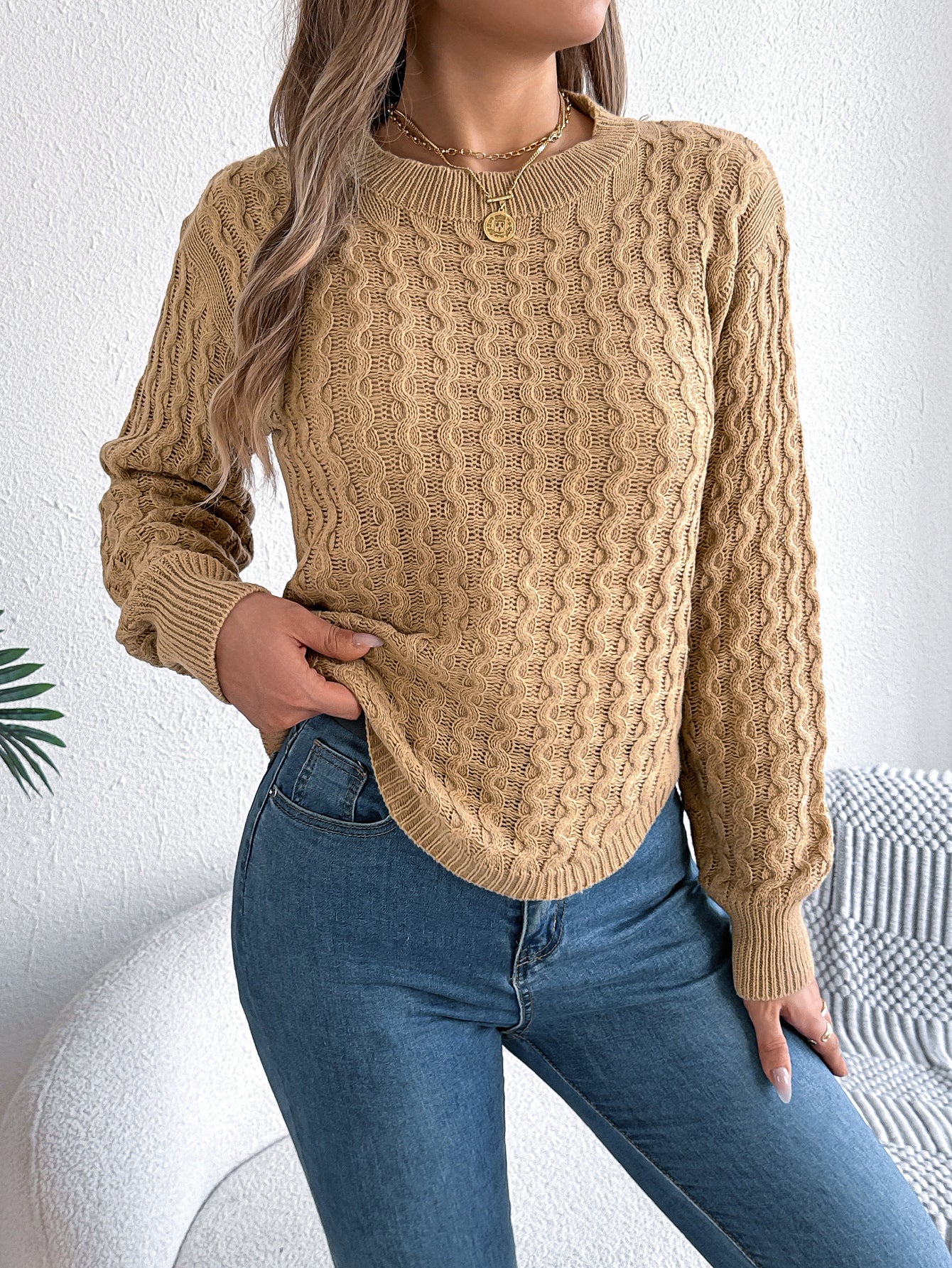 Cable Knit Lantern Sleeve Pullover Sweater - threadspired
